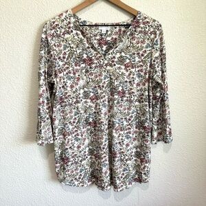 J. Jill Women's Medium Blouse Floral Cotton Casual Quarter Sleeve Boho Dainty
